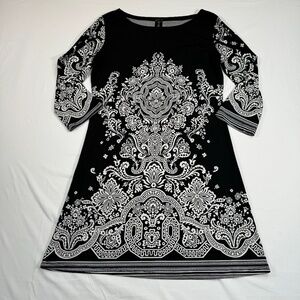 MT Collection 3/4 Sleeve Midi Dress Womens Size S Black Paisley Boat Neck